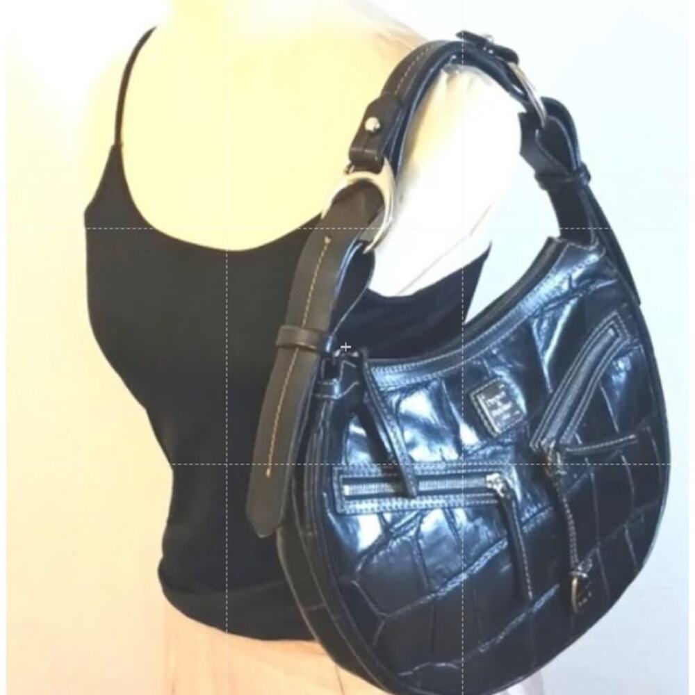 Y2K Rare Dooney & Bourke Moon Round Baguette Purse Black Leather Croc Embossed - Picture 1 of 11
